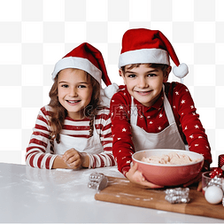 戴着红帽的快乐儿童兄妹在厨房里