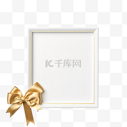 金色丝带球图片_圣诞白色木框，配有金色丝带和礼