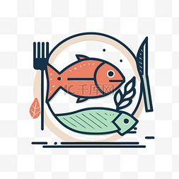 鱼和蔬菜卡通平面图标线食品隔离