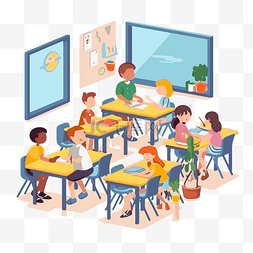 教室剪贴画坐在教室卡通中的孩子