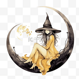 坐在月亮上的女人图片_水彩女巫坐在新月插图上与黄月亮