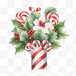 紅糖图片_圣诞冬青花束，配有精灵袜和拐杖