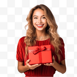 惊喜礼品一份图片_穿着红色圣诞礼服的女性手里拿着