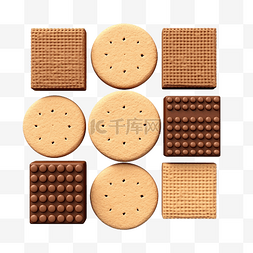 饼干正方形图片_从透视顶视图对单个和堆叠的棕色