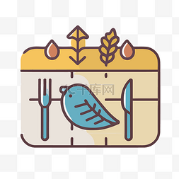 感恩节日历图片_带鸟的食物日历的平面矢量线插图