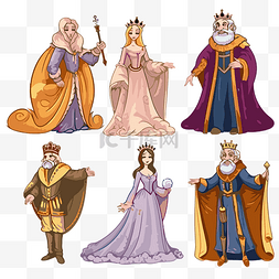 穿着不同服装的卡通国王和王后的