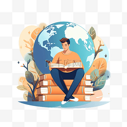 坐着的插图图片_男人坐着看书，有书籍背景和地球