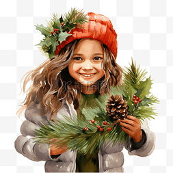女性模特图片_快乐的女孩在圣诞树上手捧花环微