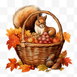 秋天剪贴画图片_一篮子水果和蔬菜与松鼠收获节感