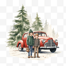 开心的男生图片_树林里的汽车旁站着圣诞树的兄弟