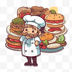 卡通厨师站着一大堆食物 向量