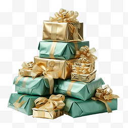 用金纸包裹着的圣诞礼物山，上面
