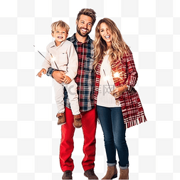抱着孩子的男人图片_身穿格子衬衫的年轻家庭站在圣诞