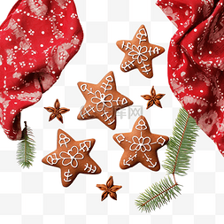 温暖圣诞节素材图片_姜饼圣诞树和红色餐巾上的星星，