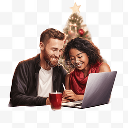拥抱的恋人图片_圣诞夜在电脑上工作的跨种族夫妇