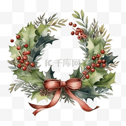 圣诞花圈图片_圣诞水彩花环框架，绿叶浆果，棕