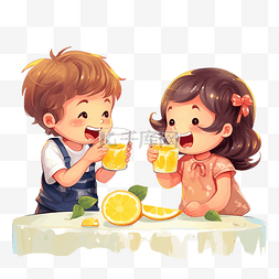 年幼的孩子们喝柠檬水，互相讲圣