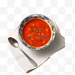 墨西哥番茄汤用勺子放在桌布上