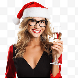 圣诞老人派礼物图片_戴着香槟杯的快乐圣诞老人女孩