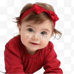 躺在床上的婴儿图片_穿着红色圣诞礼服的可爱白人女婴