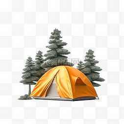 松林中的橙色帐篷，周围环绕着云