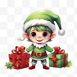 坐着的婴儿图片_快乐的圣诞精灵拿着礼物绿色服装