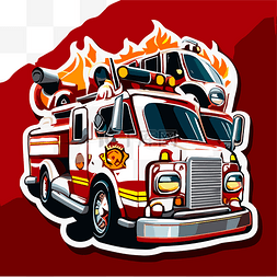 消防车背景图片_红色背景中前面有火焰的卡通消防