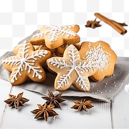 木桌上有糖粉的圣诞不同形状的饼