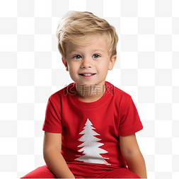 一个穿着红色圣诞老人 T 恤的小男
