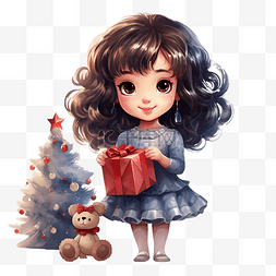 可爱的女孩在圣诞树和礼物附近拿