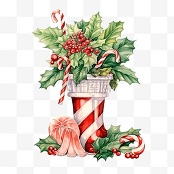 手绘圣诞小装饰品图片_圣诞冬青花束，配有精灵袜和拐杖