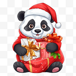 圣诞节时带着一袋礼物的大熊猫动