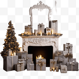 传统经典图片_木地板上有圣诞盒和蜡烛的壁炉