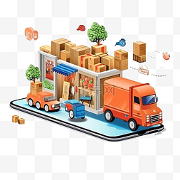 卡车将货物运送到收件人在线订购