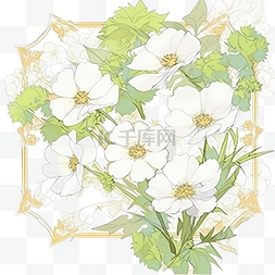 白色波斯菊和绿色绣球花，金色框