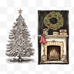 圣诞树壁炉玩具手绘插画