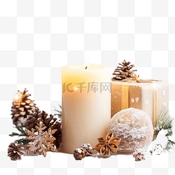 圣诞花蜡烛图片_圣诞组合物与燃烧的蜡烛和雪上的