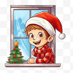 红帽图片_戴着红帽的男孩站在窗户和圣诞树