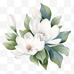 自然叶子图片_水彩白玉兰花叶花束元素