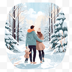 圣诞夜周末一家人穿过冬季森林