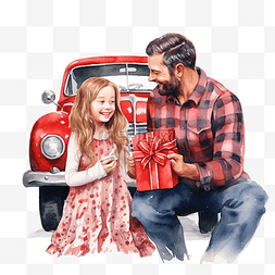 孩子们的拥抱图片_圣诞树和红色汽车附近有礼品盒的