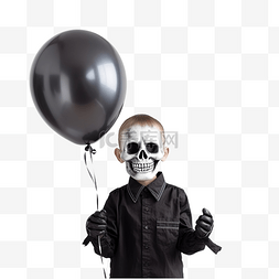 孩子开心不开心图片_一个穿着骷髅服装拿着黑色气球的