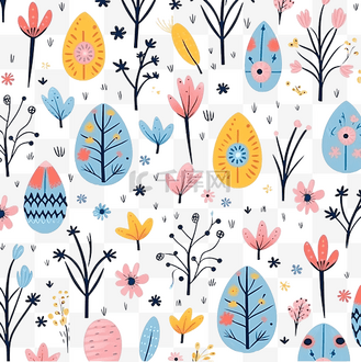 复活节快乐无缝图案复活节彩蛋柳树虫子和花