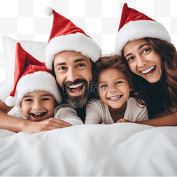 冬天躺着的人图片_幸福的家庭戴着圣诞老人的帽子躺