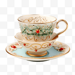 杯子花瓷图片_圣诞装饰的彩色瓷茶杯和茶碟