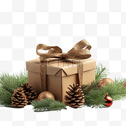 丝带装饰礼盒图片_带松树和圣诞玩具装饰的天然圣诞