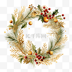 用松叶和浆果装饰的圣诞快乐金色