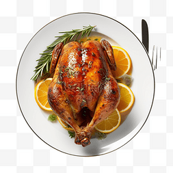 带餐具的盘子上感恩节烤鸡的顶部