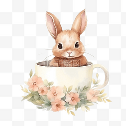 复古兔子花卉咖啡杯水彩画风格