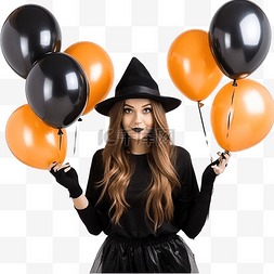 黑色和橙色图片_年轻女巫拿着黑色和橙色气球参加